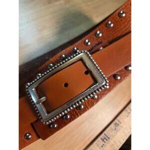 Calvin Klein Brown Genuine Leather Studded Belt Silver Toned Hardware 38"